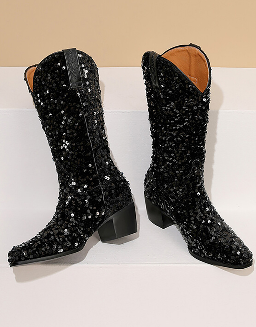 Black Sequined Sexy Pointed Toe Thick Heel Boots