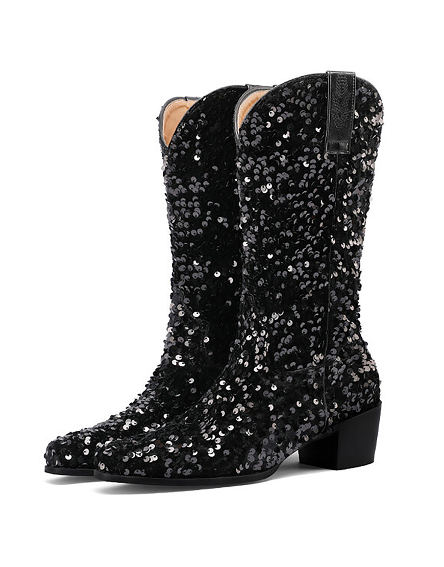 Black Sequined Sexy Pointed Toe Thick Heel Boots