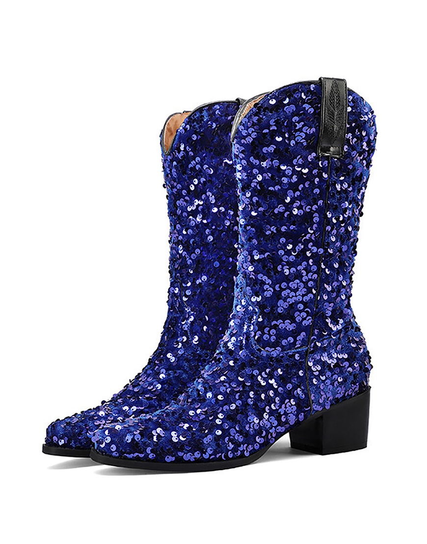 Black Sequined Sexy Pointed Toe Thick Heel Boots