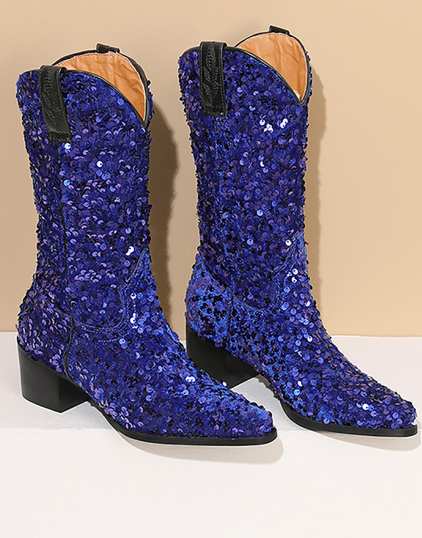 Black Sequined Sexy Pointed Toe Thick Heel Boots