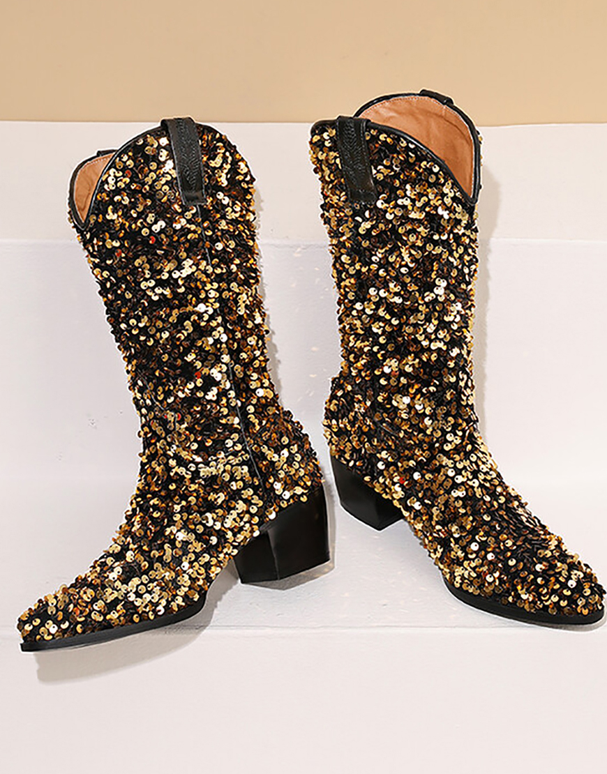 Black Sequined Sexy Pointed Toe Thick Heel Boots