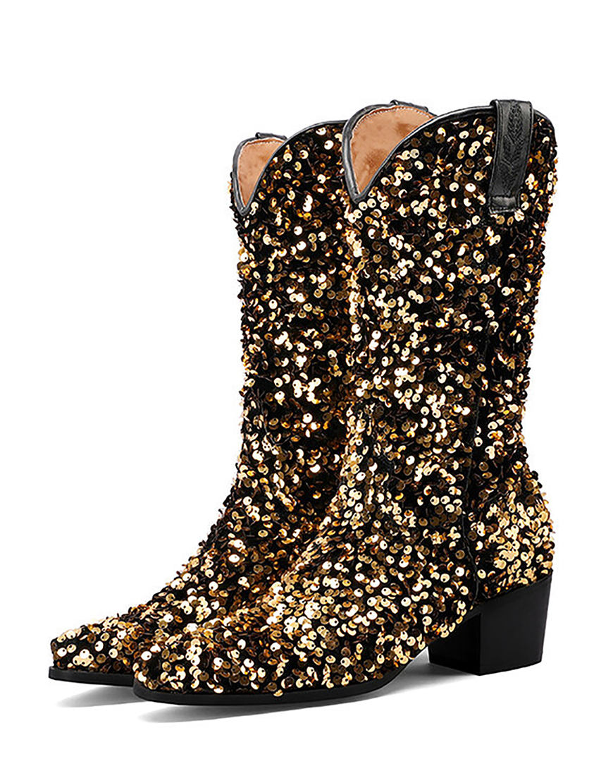 Black Sequined Sexy Pointed Toe Thick Heel Boots