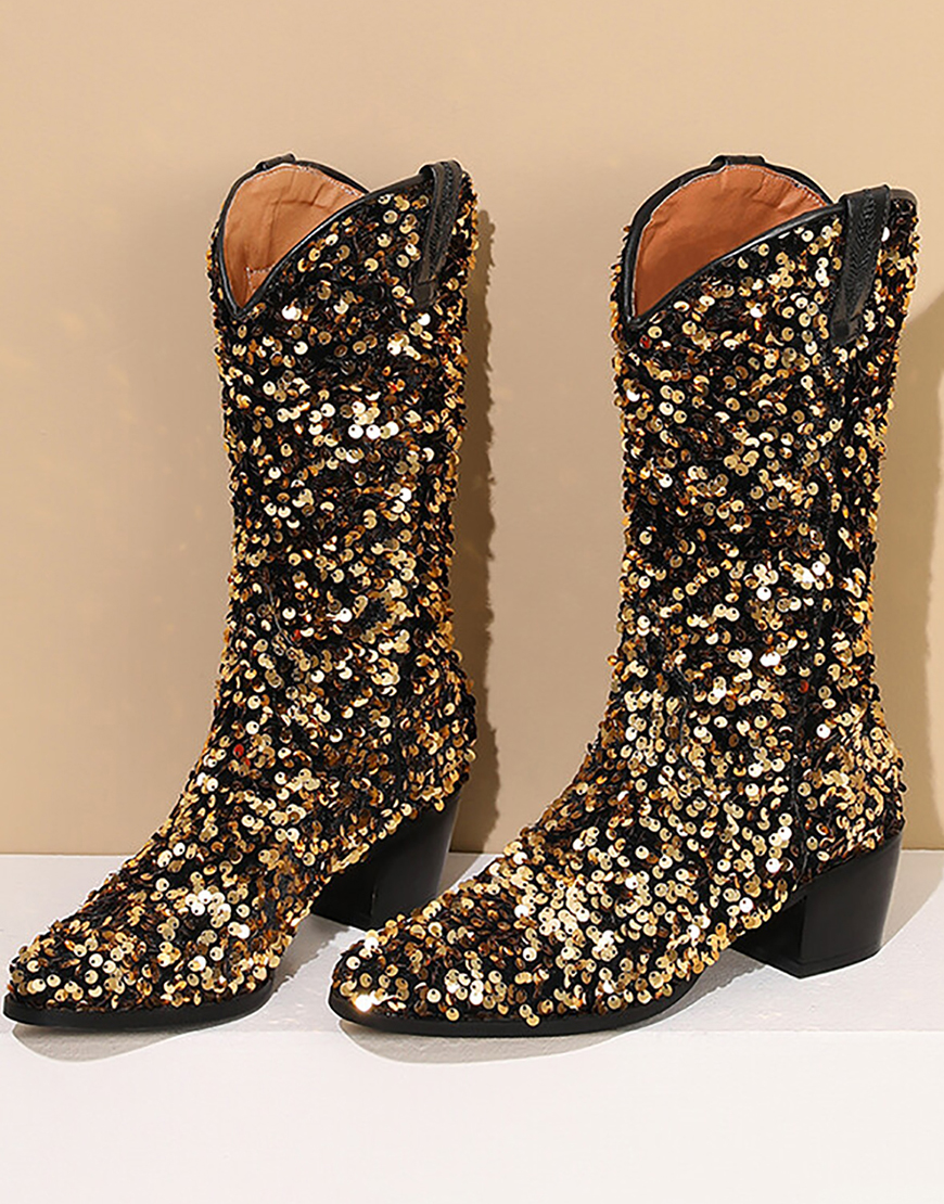 Black Sequined Sexy Pointed Toe Thick Heel Boots