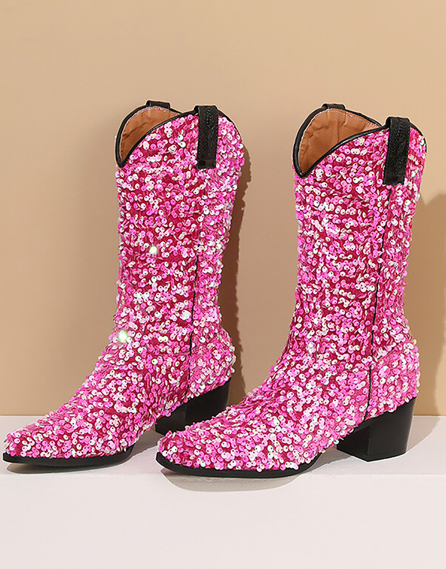 Black Sequined Sexy Pointed Toe Thick Heel Boots