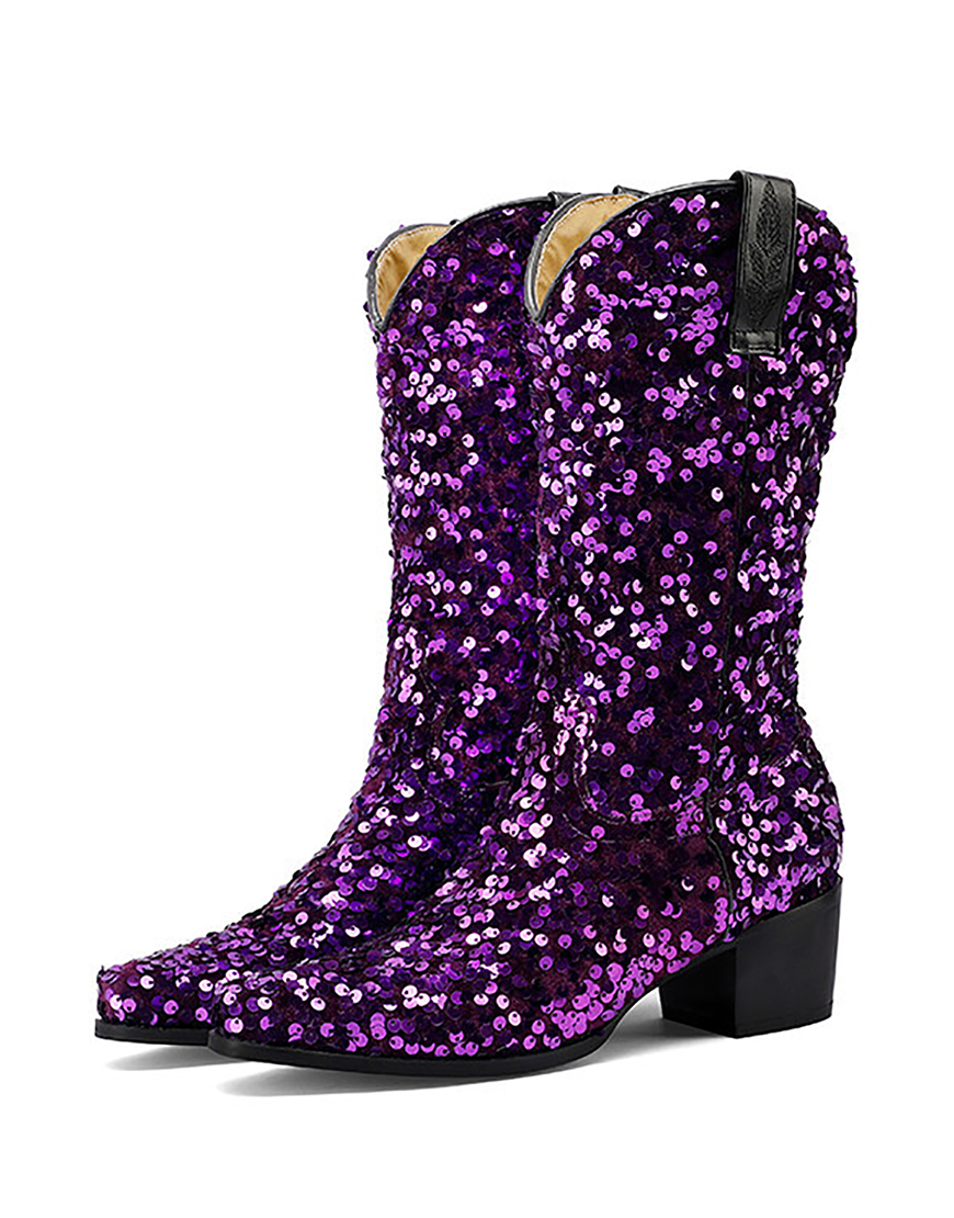 Black Sequined Sexy Pointed Toe Thick Heel Boots