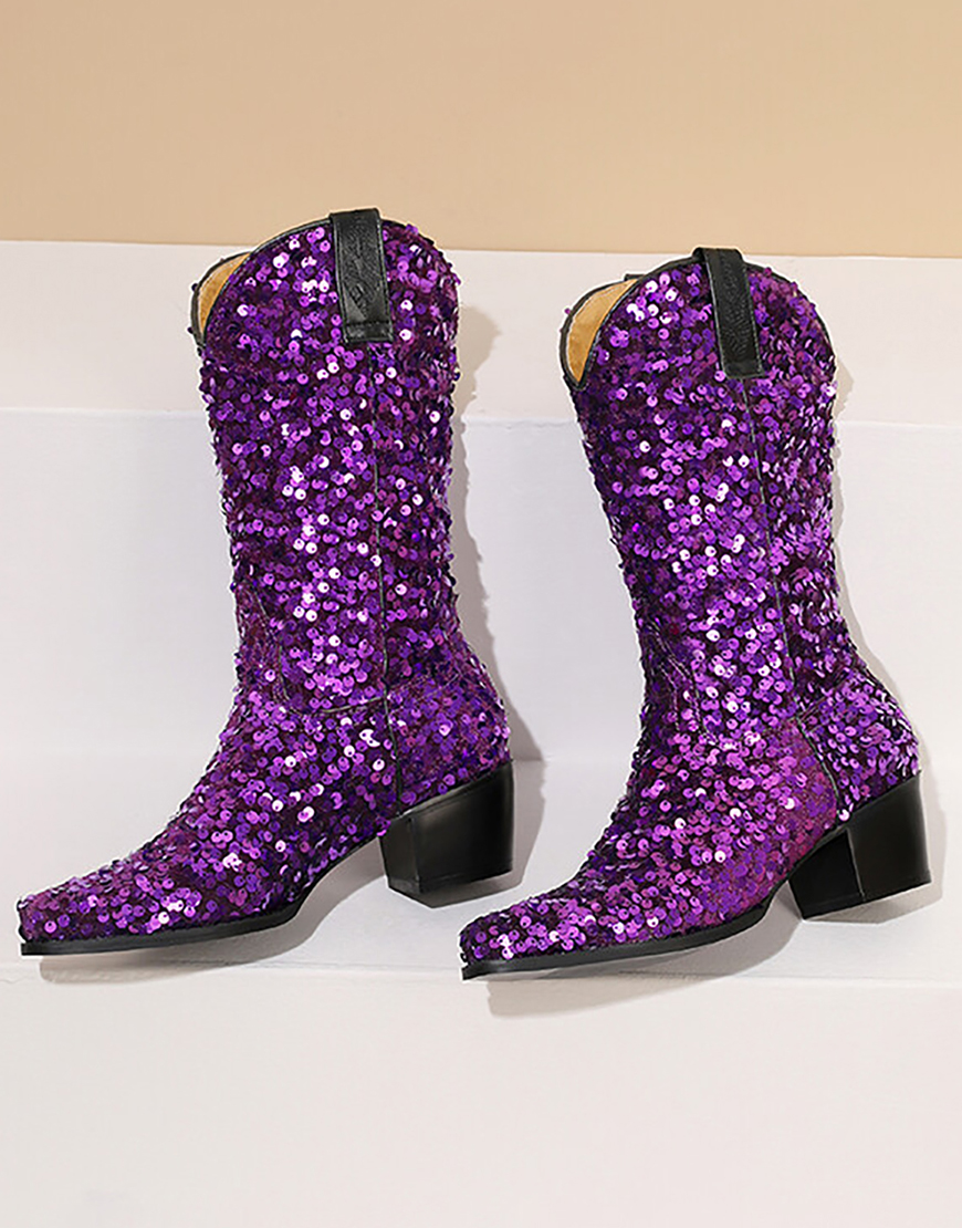 Black Sequined Sexy Pointed Toe Thick Heel Boots