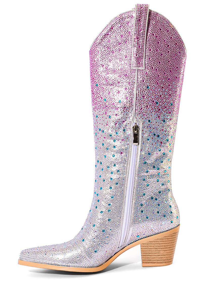 Silver Rhinestone Pointed Toe High Boots