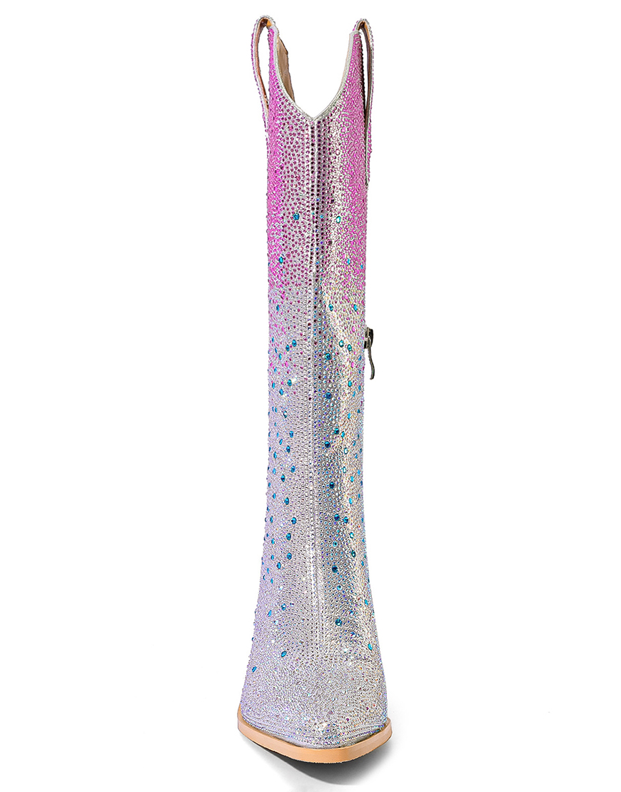 Silver Rhinestone Pointed Toe High Boots