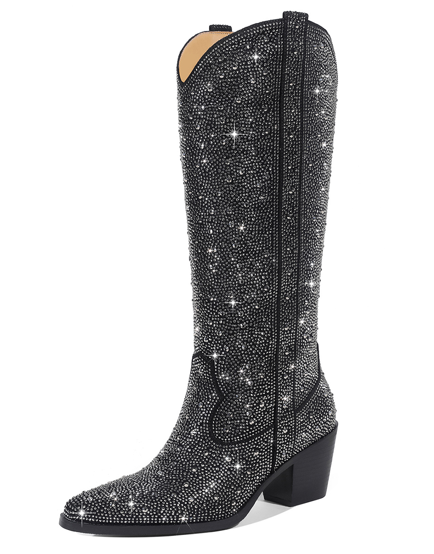 Silver Pointed Toe Chunky Rhinestone Boots