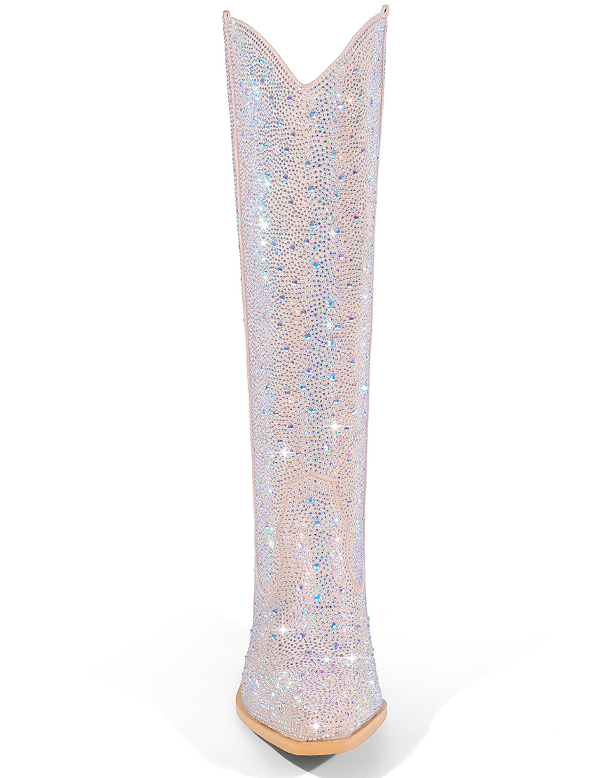 Silver Pointed Toe Chunky Rhinestone Boots