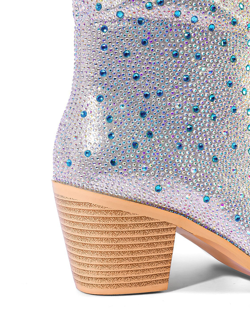 Silver Pointed Toe Chunky Rhinestone Boots