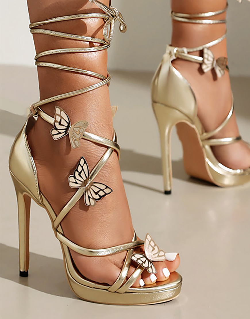 Golden Open Toe Stiletto with Butterfly