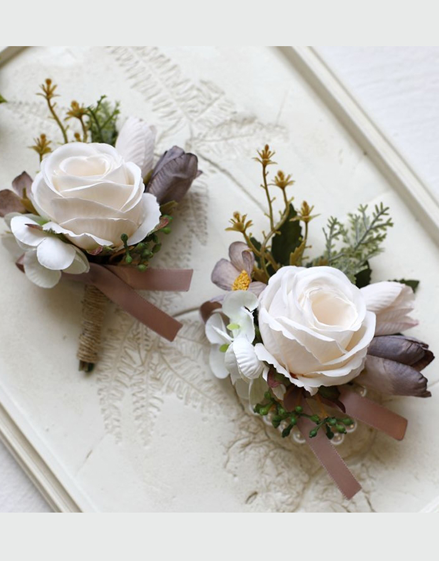 Apricot Flower Pearls Wrist Corsage And Boutonniere Set with Ribbon