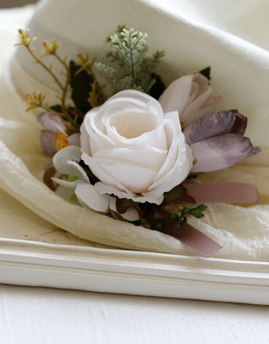 Apricot Flower Pearls Wrist Corsage And Boutonniere Set with Ribbon