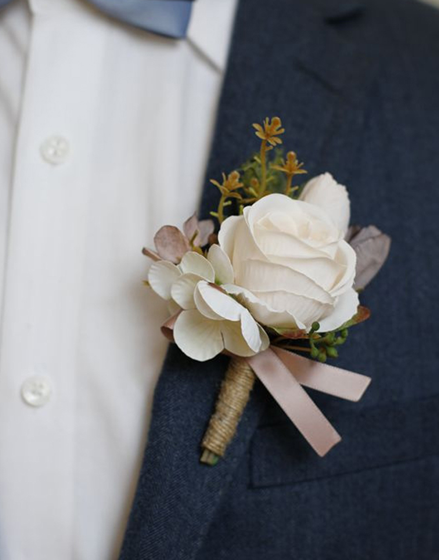 Apricot Flower Pearls Wrist Corsage And Boutonniere Set with Ribbon