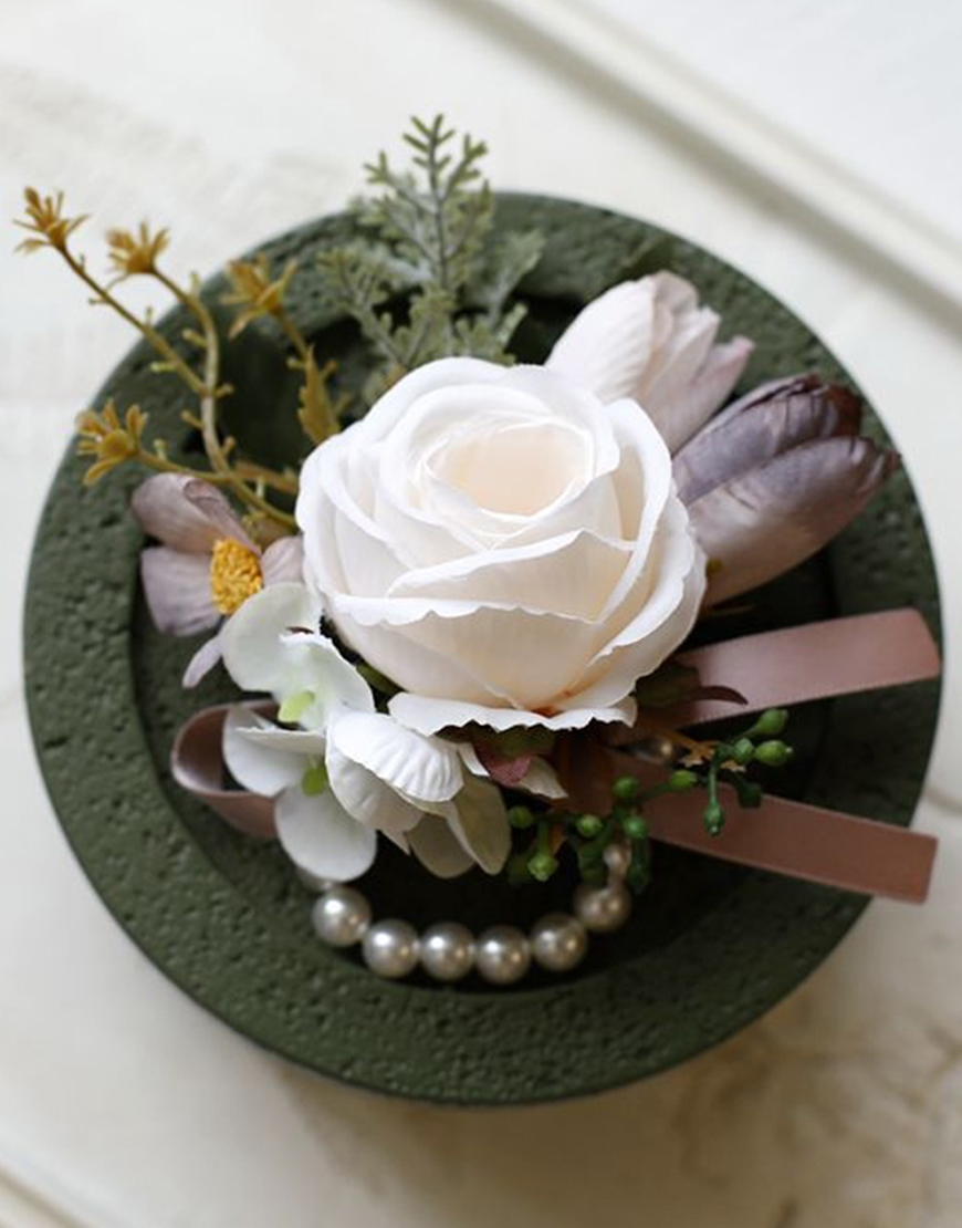 Apricot Flower Pearls Wrist Corsage And Boutonniere Set with Ribbon