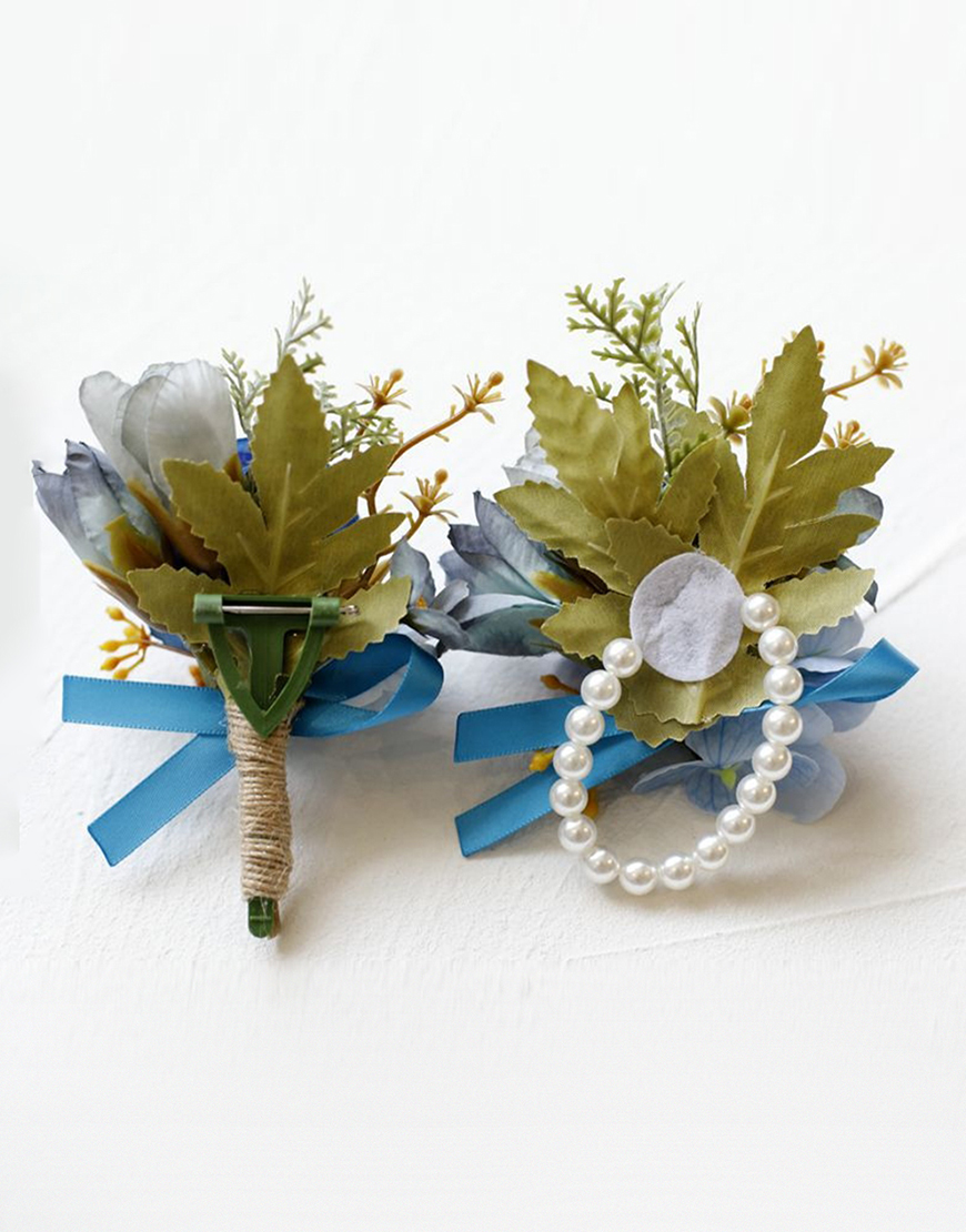 Apricot Flower Pearls Wrist Corsage And Boutonniere Set with Ribbon