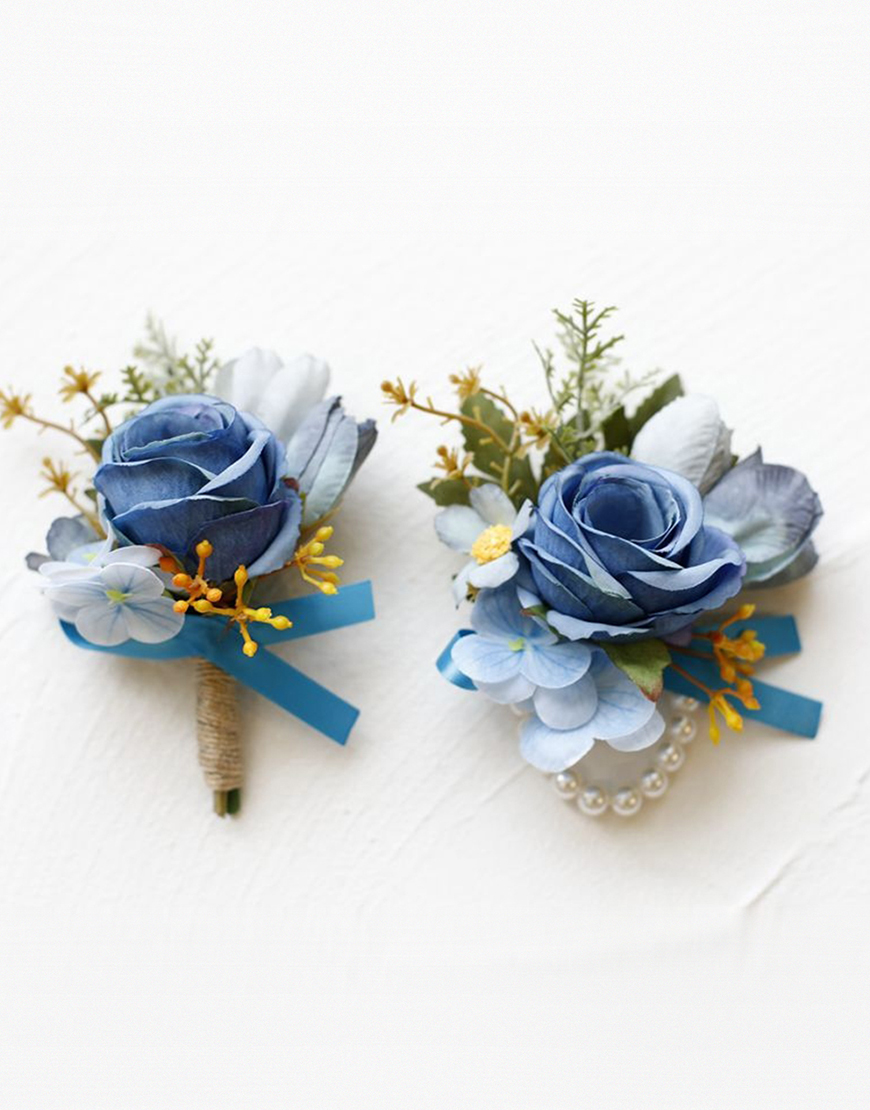 Apricot Flower Pearls Wrist Corsage And Boutonniere Set with Ribbon