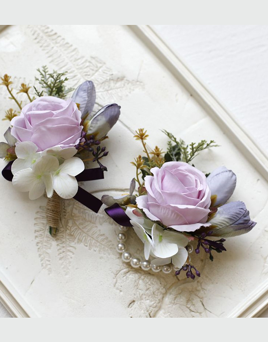 Apricot Flower Pearls Wrist Corsage And Boutonniere Set with Ribbon