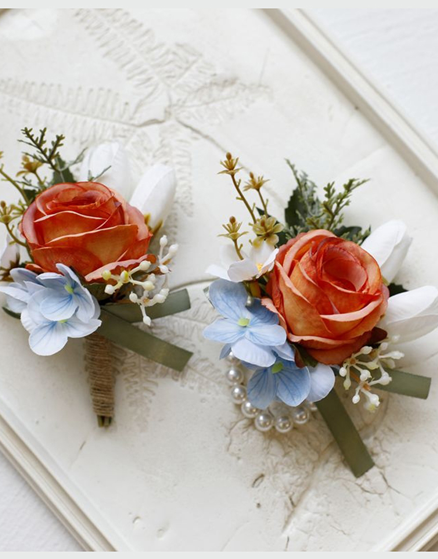 Apricot Flower Pearls Wrist Corsage And Boutonniere Set with Ribbon