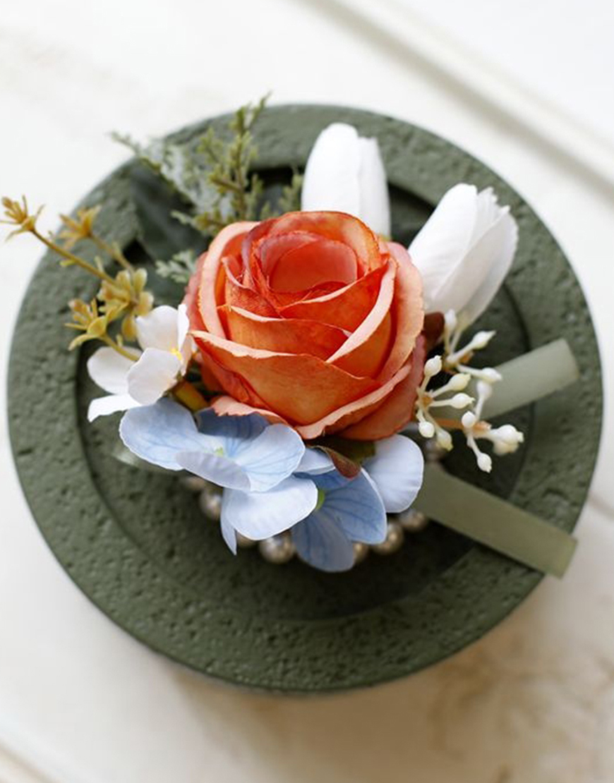 Apricot Flower Pearls Wrist Corsage And Boutonniere Set with Ribbon