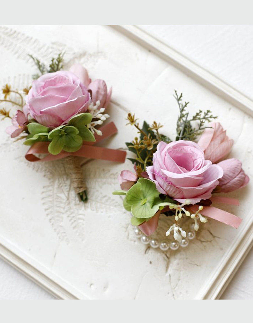 Apricot Flower Pearls Wrist Corsage And Boutonniere Set with Ribbon