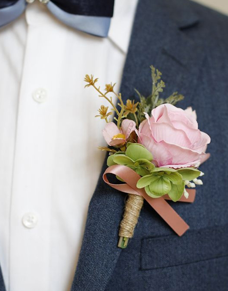 Apricot Flower Pearls Wrist Corsage And Boutonniere Set with Ribbon