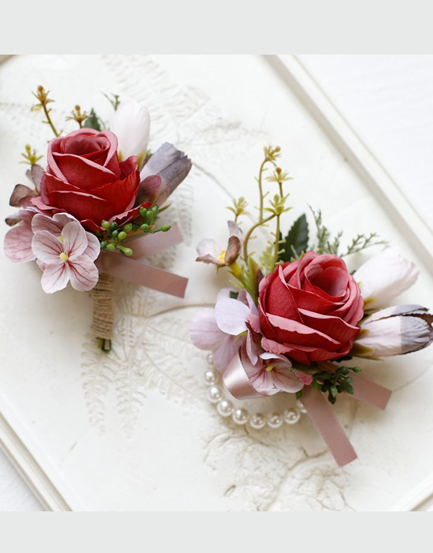 Apricot Flower Pearls Wrist Corsage And Boutonniere Set with Ribbon