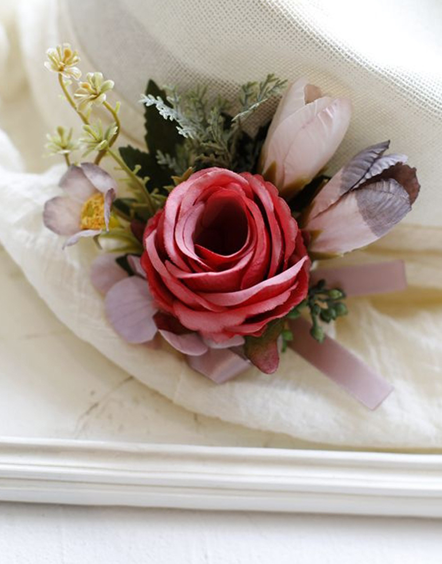 Apricot Flower Pearls Wrist Corsage And Boutonniere Set with Ribbon