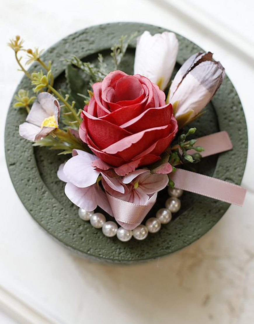 Apricot Flower Pearls Wrist Corsage And Boutonniere Set with Ribbon