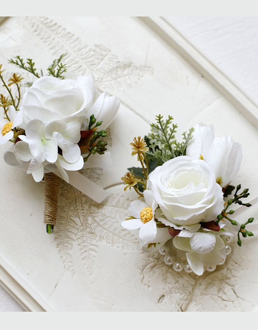 Apricot Flower Pearls Wrist Corsage And Boutonniere Set with Ribbon