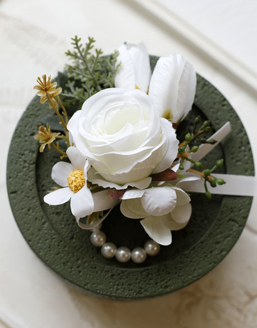 Apricot Flower Pearls Wrist Corsage And Boutonniere Set with Ribbon