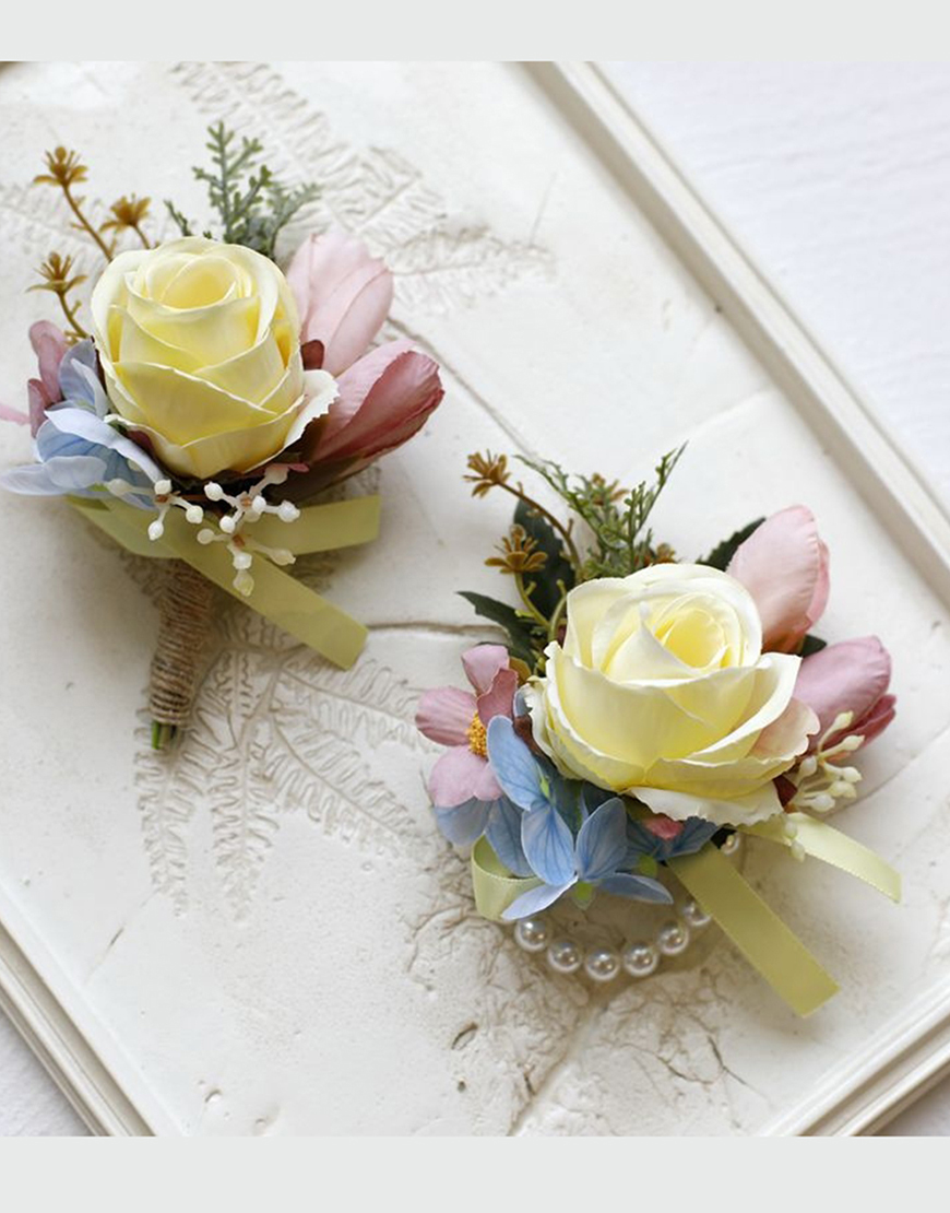 Apricot Flower Pearls Wrist Corsage And Boutonniere Set with Ribbon