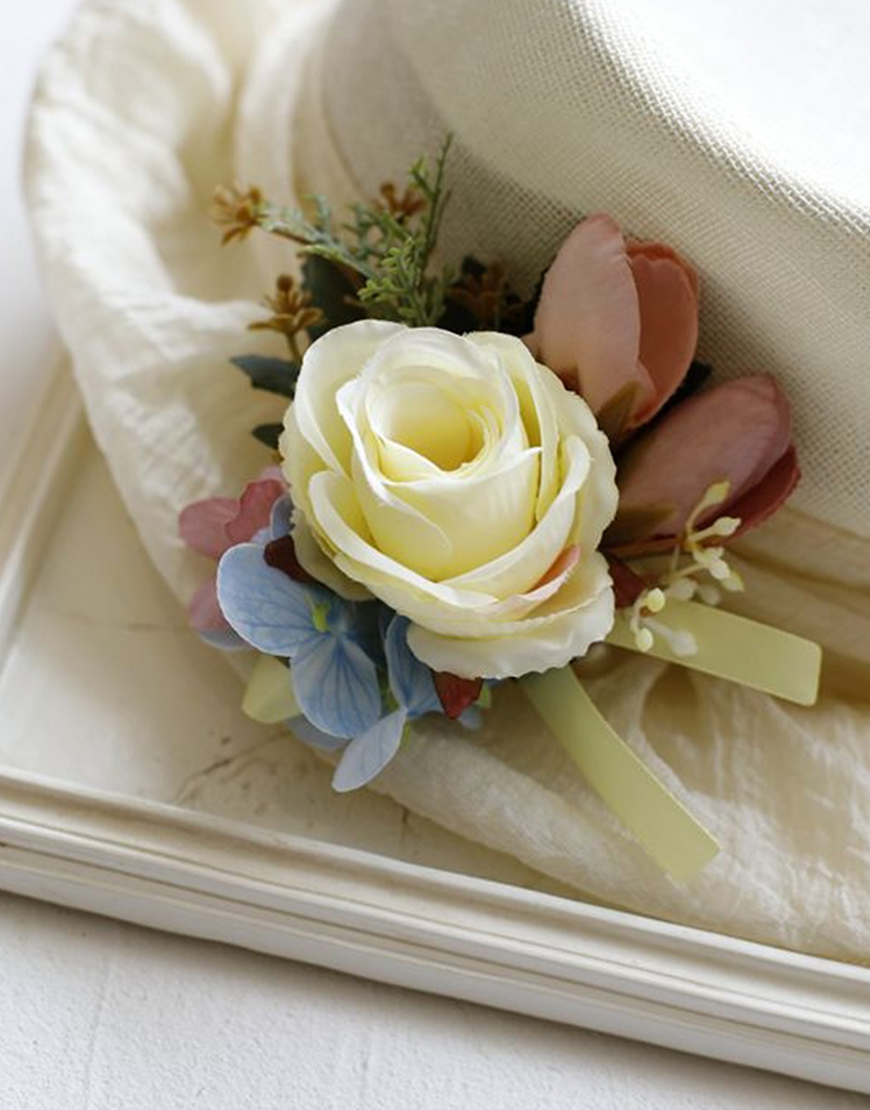 Apricot Flower Pearls Wrist Corsage And Boutonniere Set with Ribbon