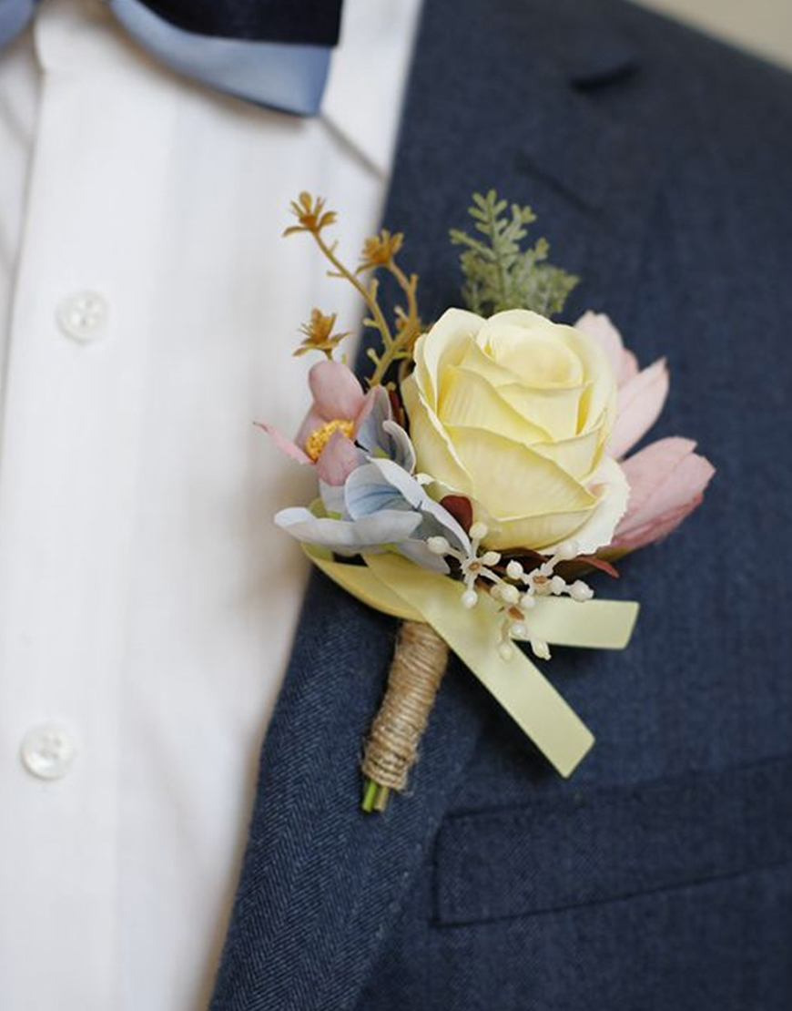 Apricot Flower Pearls Wrist Corsage And Boutonniere Set with Ribbon