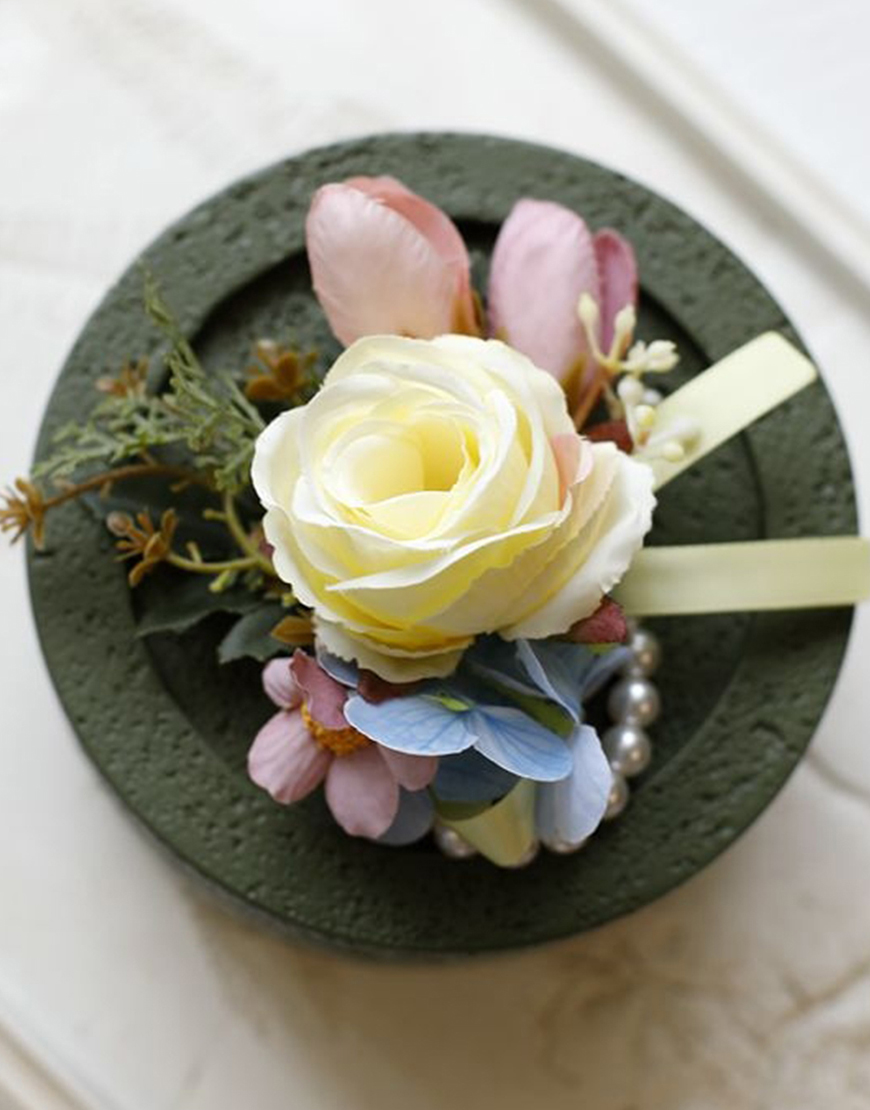 Apricot Flower Pearls Wrist Corsage And Boutonniere Set with Ribbon