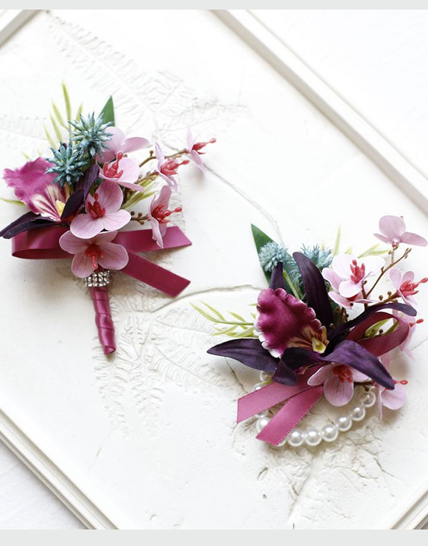 Burgundy Flowers Homecoming Wrist Corsage And Boutonniere Set with Ribbons