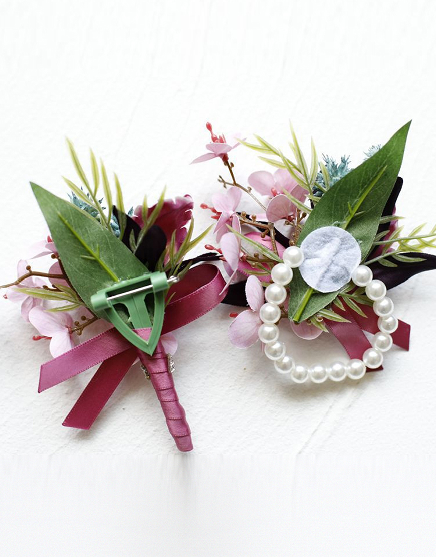 Burgundy Flowers Homecoming Wrist Corsage And Boutonniere Set with Ribbons