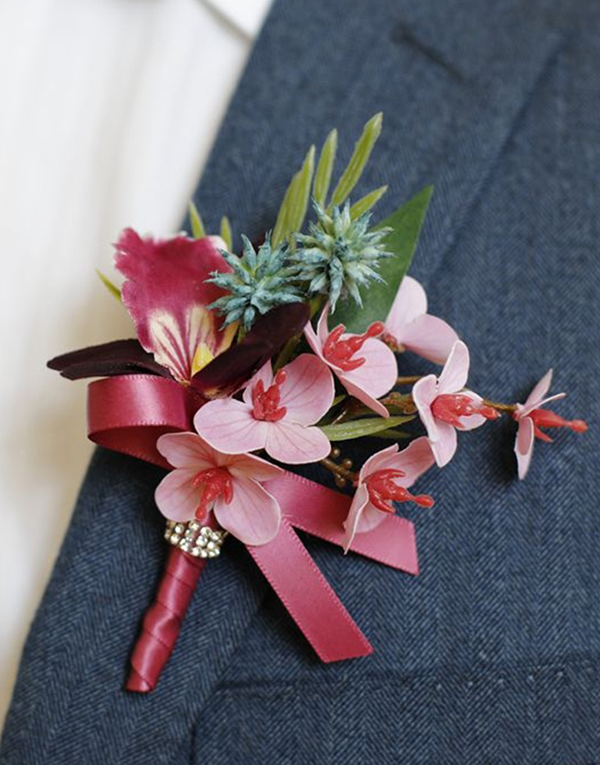 Burgundy Flowers Homecoming Wrist Corsage And Boutonniere Set with Ribbons