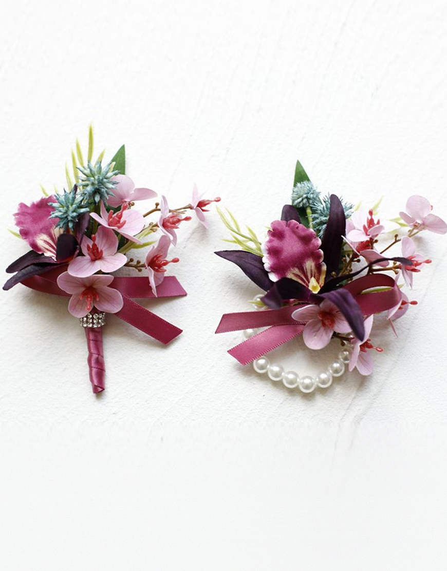 Burgundy Flowers Homecoming Wrist Corsage And Boutonniere Set with Ribbons