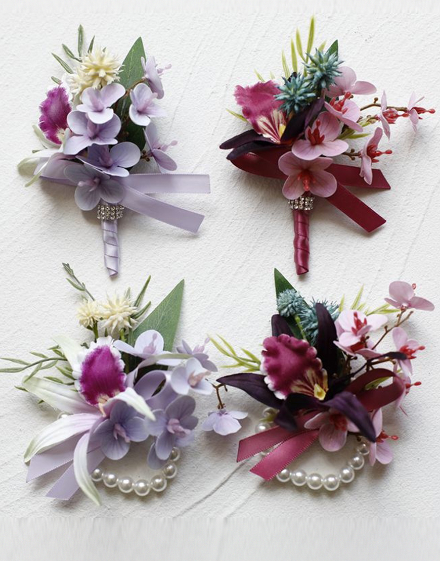 Burgundy Flowers Homecoming Wrist Corsage And Boutonniere Set with Ribbons