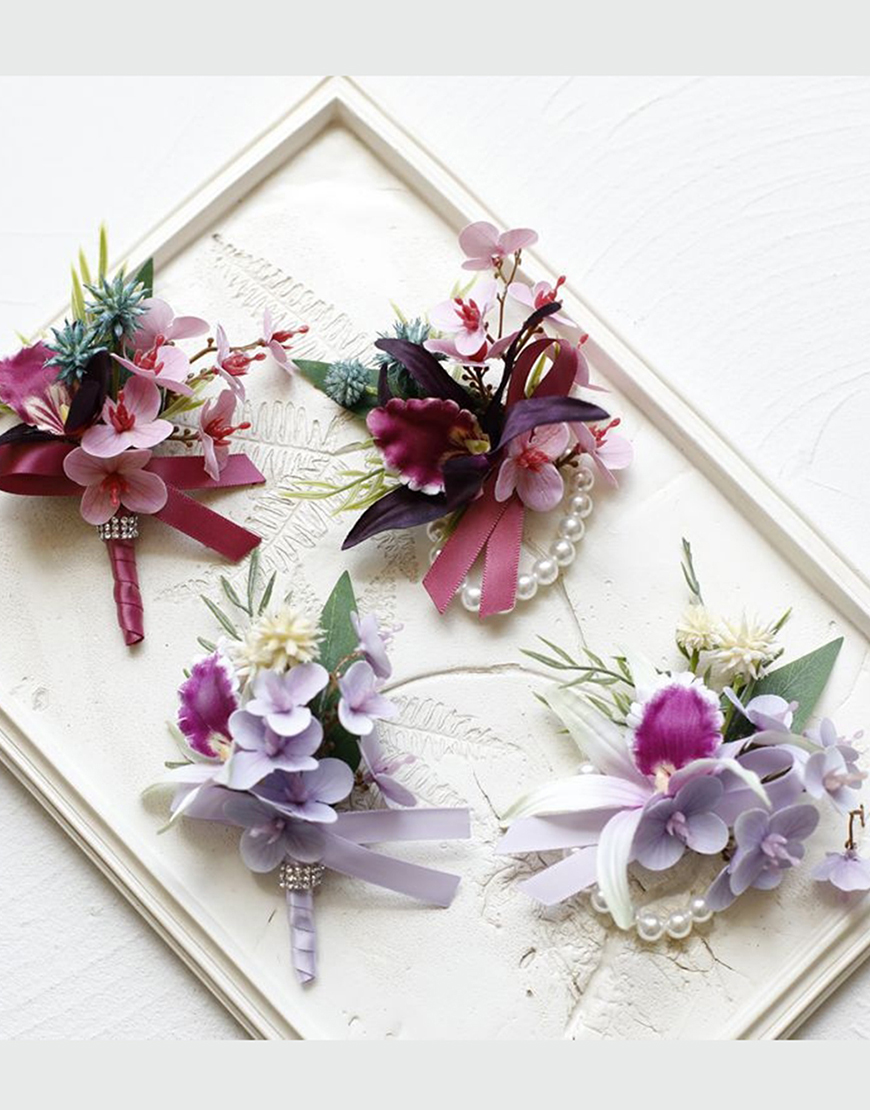 Burgundy Flowers Homecoming Wrist Corsage And Boutonniere Set with Ribbons