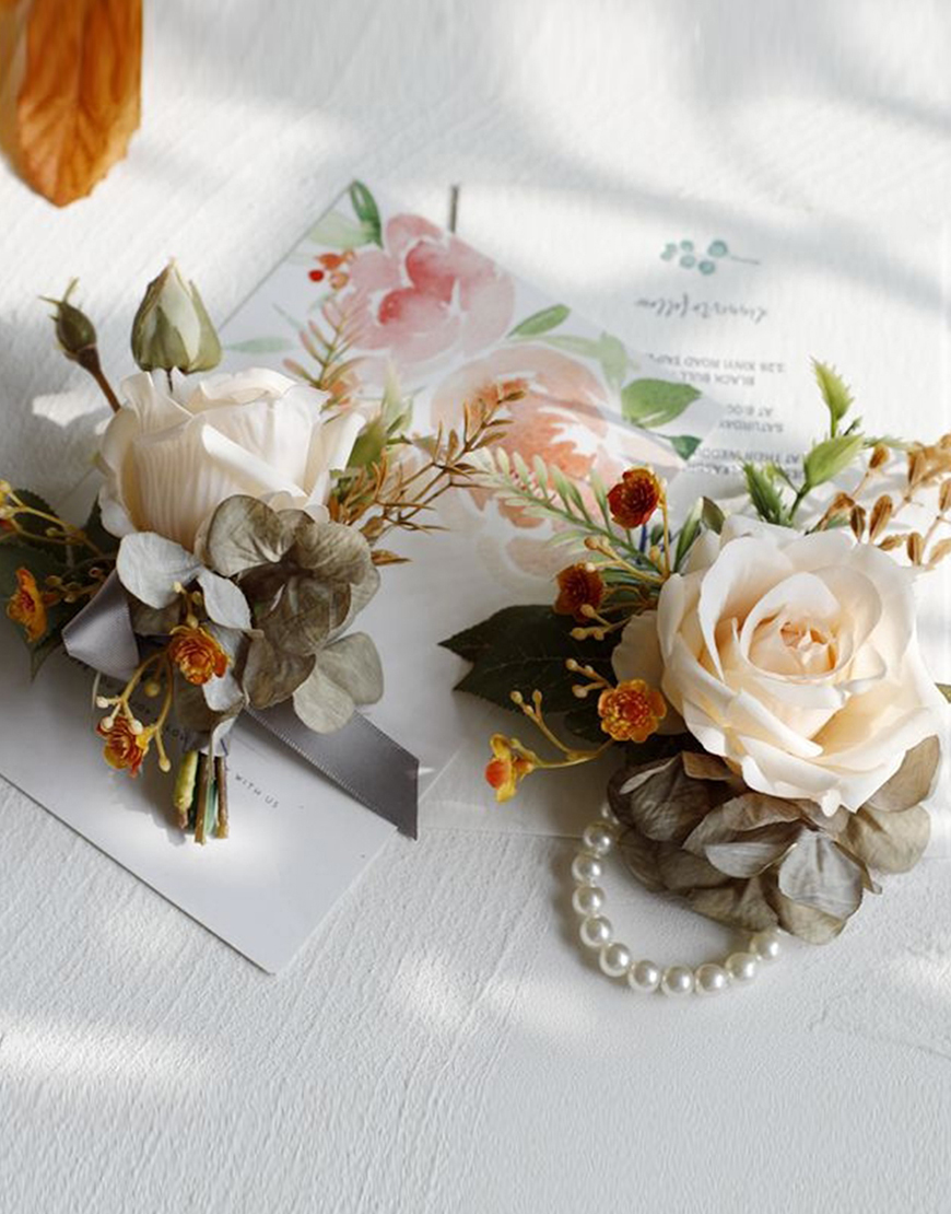 Apricot Flowers Homecoming Party Pearls Wrist Corsage And Boutonniere Set