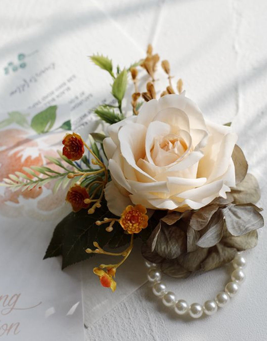 Apricot Flowers Homecoming Party Pearls Wrist Corsage And Boutonniere Set