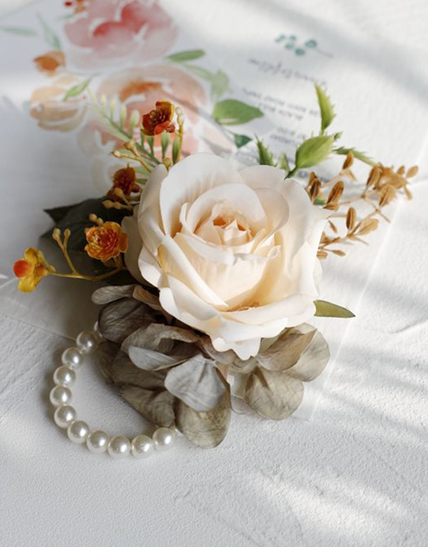 Apricot Flowers Homecoming Party Pearls Wrist Corsage And Boutonniere Set