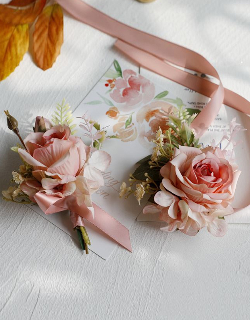 Apricot Flowers Homecoming Party Pearls Wrist Corsage And Boutonniere Set