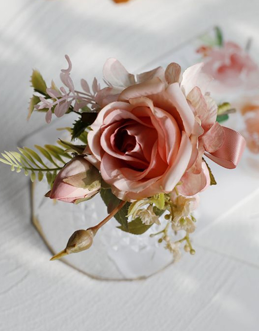 Apricot Flowers Homecoming Party Pearls Wrist Corsage And Boutonniere Set