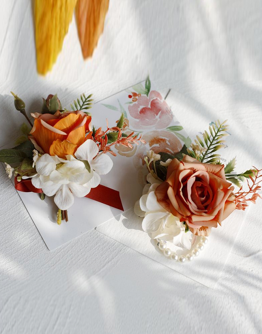 Apricot Flowers Homecoming Party Pearls Wrist Corsage And Boutonniere Set