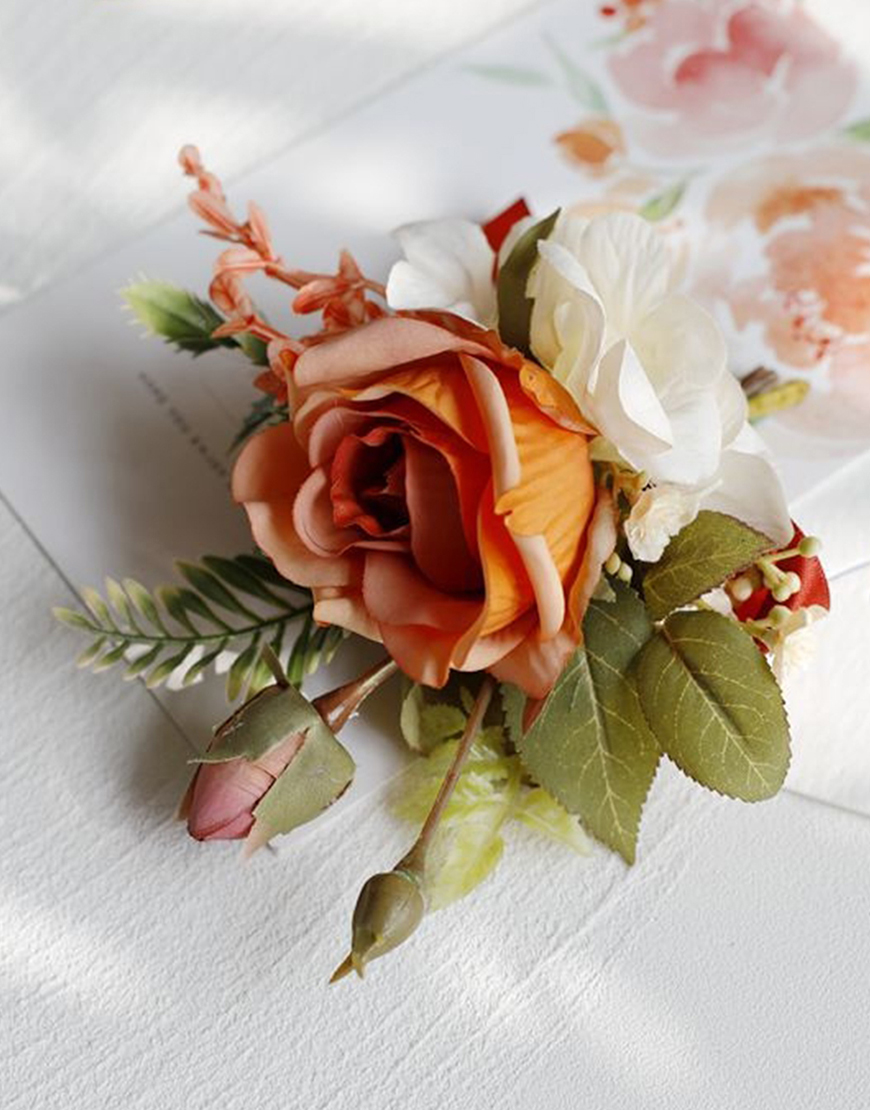 Apricot Flowers Homecoming Party Pearls Wrist Corsage And Boutonniere Set