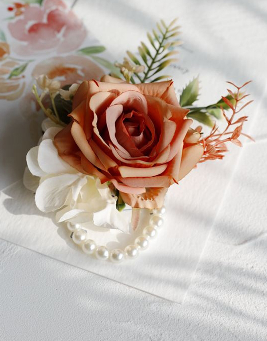 Apricot Flowers Homecoming Party Pearls Wrist Corsage And Boutonniere Set